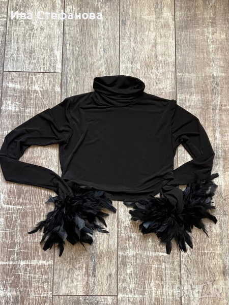 Черно еластично парти коктейлно официално поло топ естествени пера универсален размер, снимка 1