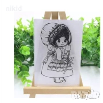 Момиченце с лале Червената шапчица силиконов гумен печат декор украса бисквитки фондан  scrapbooking, снимка 1