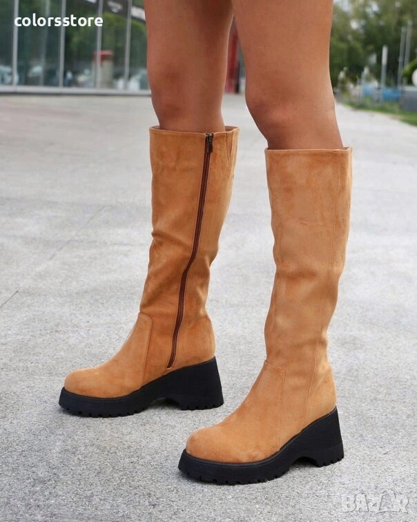 Ботуши на платформа - кафяв велур с черно ходило - BSX10, снимка 1