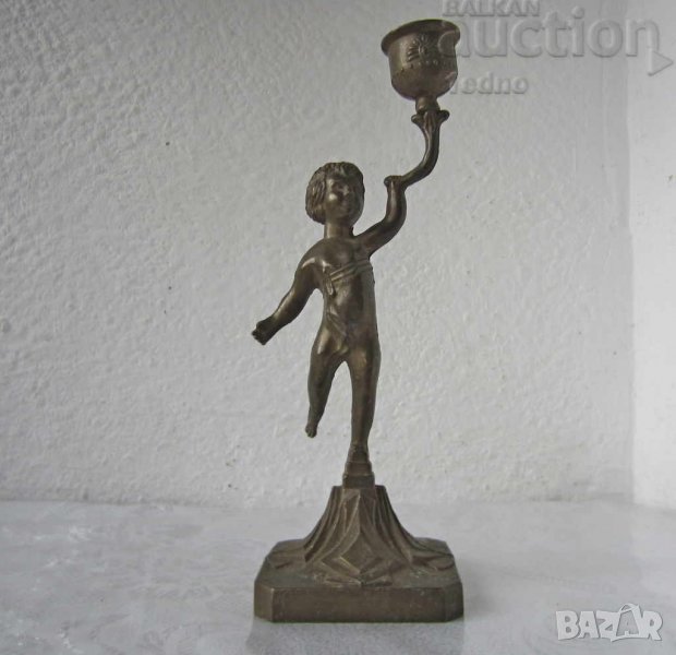 десен свещник стар метален 24 см с момче фигура антика, снимка 1