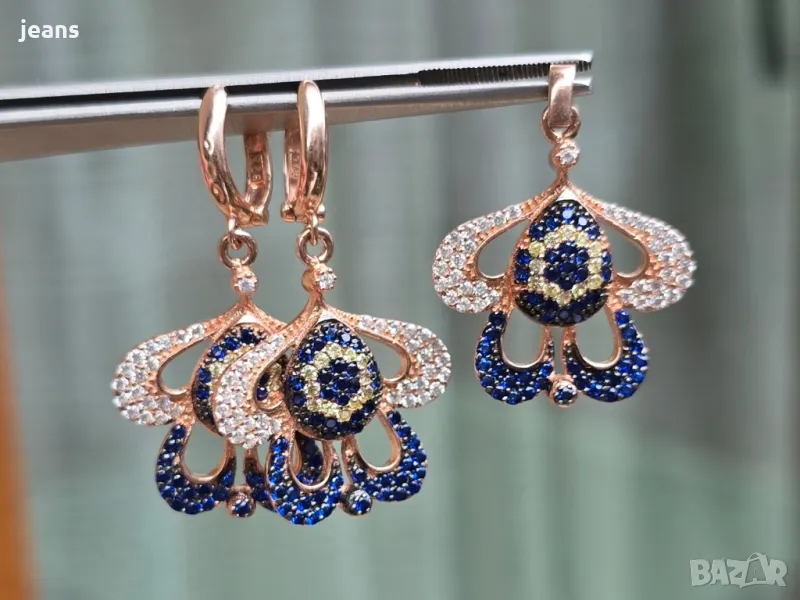 Сребърни обеци и висулка розово покритие 17510, снимка 1