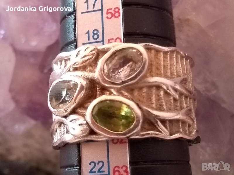 Стилен, сребърен пръстен с естествени камъни, снимка 1
