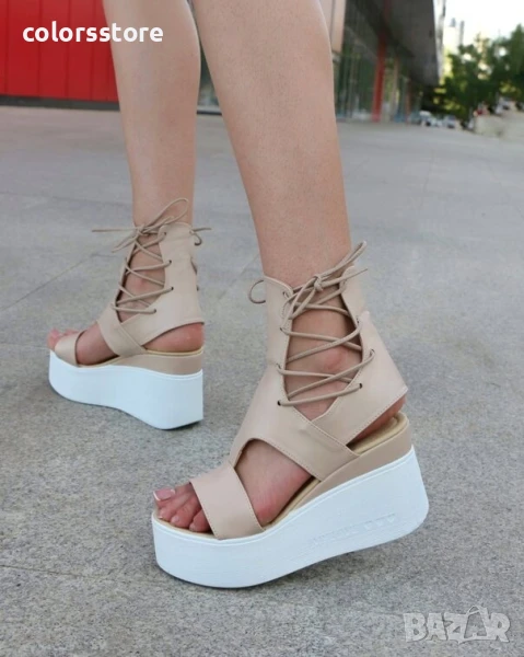 Сандали на платформа - бежова кожа с бяло ходило - 3420

, снимка 1