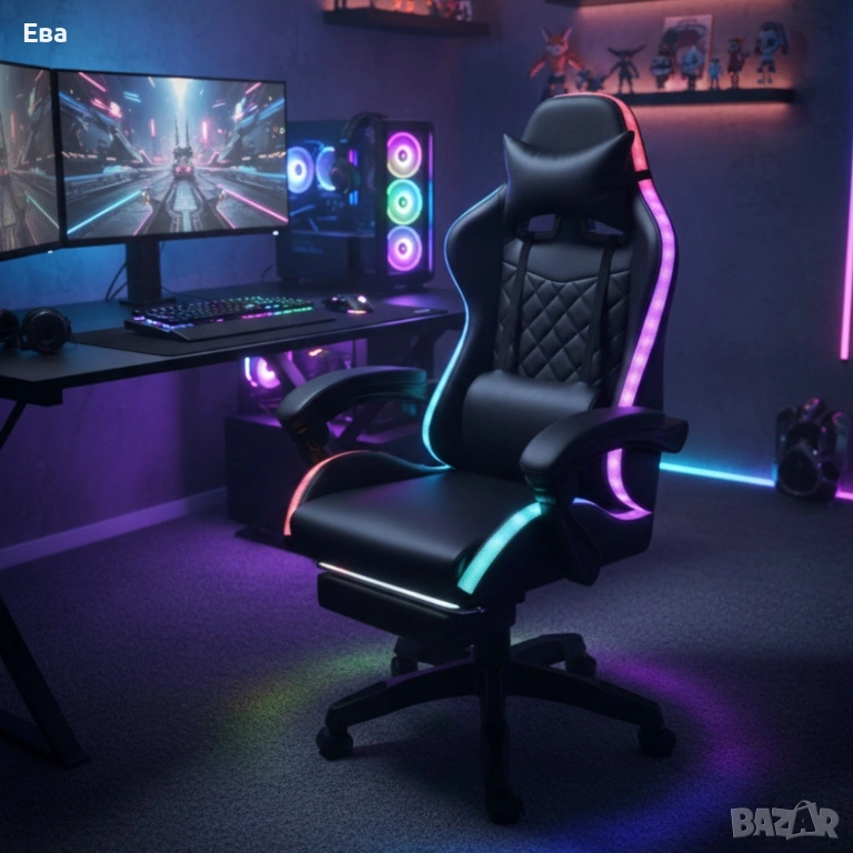 Черен геймърски стол с масаж, LED осветление и поставка за крака - ергономичен, с дистанционно, снимка 1