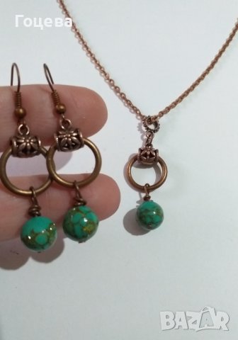Красив комплект бижута с редките камъни зелен Азурит и медни орнаменти , снимка 2 - Бижутерийни комплекти - 38868260