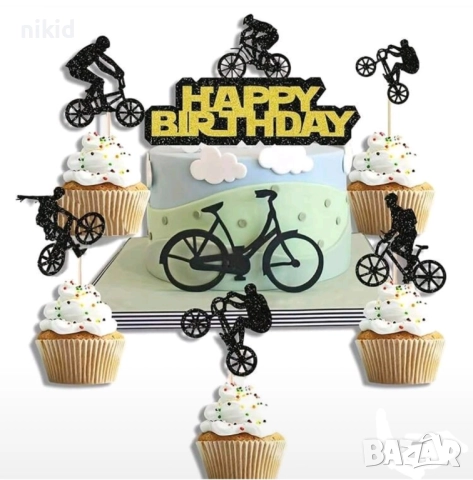 10 бр Колоездач Велосипедист на колело картонени брокат топери украса декор за мъфини кексчета топер, снимка 4 - Други - 52422696