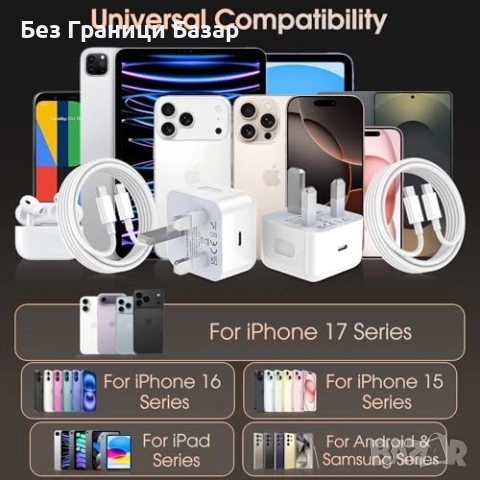 Нов Комплект 2 броя 20W зарядни + 2м кабели USB-C към USB-C, UK щепсел , снимка 7 - Друга електроника - 51772940