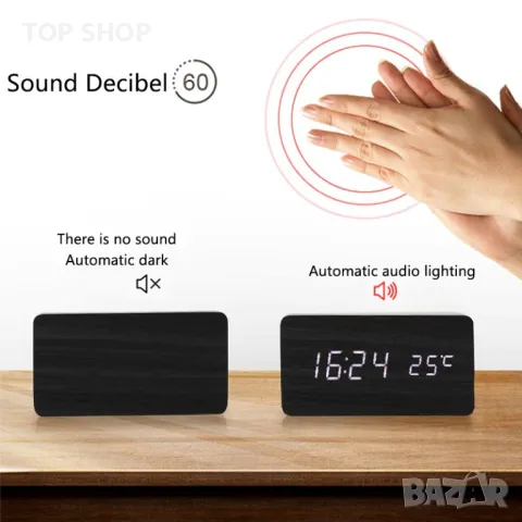 Дигитален часовник, USB Wooden Clock, Tермометър, LED, Дървен, Черен, снимка 4 - Стенни часовници - 48830197