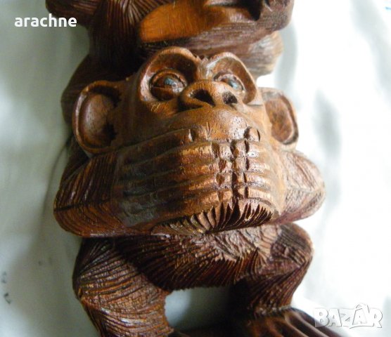 Голяма индонезийска дървена статуетка-"Трите будистки маймуни", снимка 5 - Статуетки - 39549439
