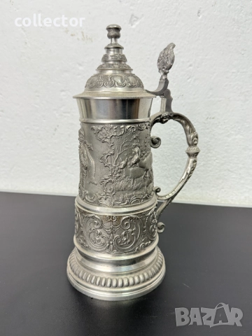 Уникална калаена халба с капак / ловни мотиви. №7460