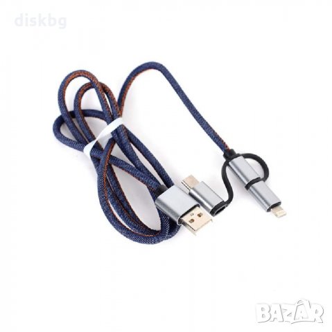 Бърз 3в1 кабел USB към Micro USB + букси за iPhone и Type C (jeans), 1 метър