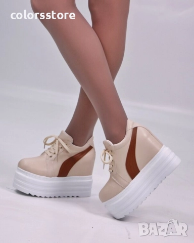 Кецове на платформа - бежови с кафява лента - SJN56 , снимка 2 - Кецове - 51519685