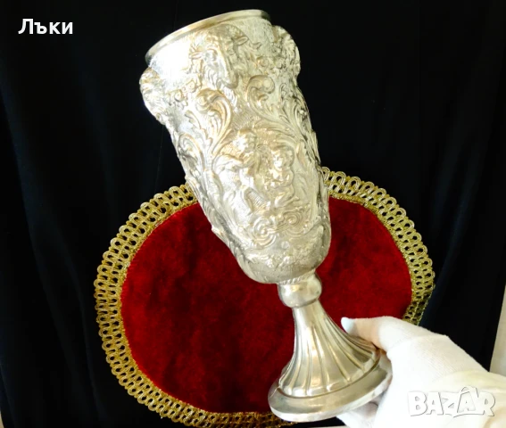 Бокал от калай,чаша за вино,глава на Овен,Ангели,барок., снимка 5 - Антикварни и старинни предмети - 51253524