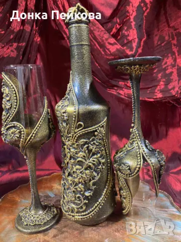 Сервиз за вино от 3 части в злато, ръчна изработка, снимка 2 - Сервизи - 48183888