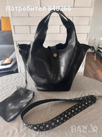 Голяма черна чанта ZARA - естествена кожа + подарък  още една чанта, снимка 4 - Чанти - 53272981