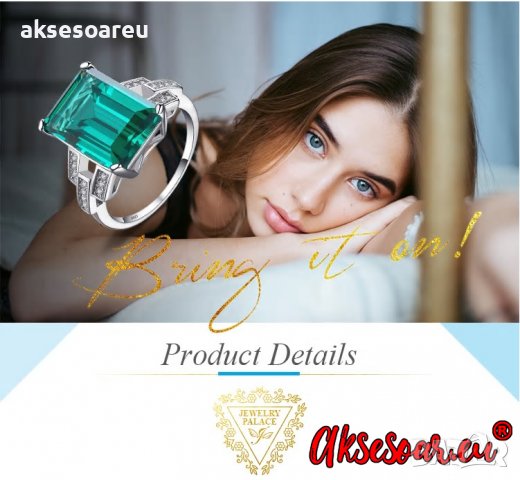 Пръстен със смарагдов зелен син камък 925 сребърен посребрен за жени годежен за момичета скъпоценни , снимка 3 - Пръстени - 38380033