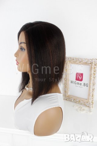 Тъмнокестенява перука от ЕСТЕСТВЕН косъм с медни кичури Селена, снимка 6 - Аксесоари за коса - 37879755