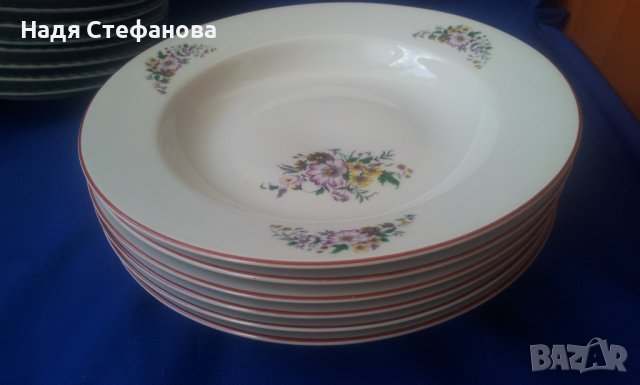 6 супени чинии с цветя и кант порцеланови български, снимка 1 - Чинии - 37434016