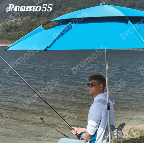 Плажен Чадър 220см. УВ, Чупещо Рамо, Двоен Покрив Стабилност при Вятър, снимка 8 - Екипировка - 51383884