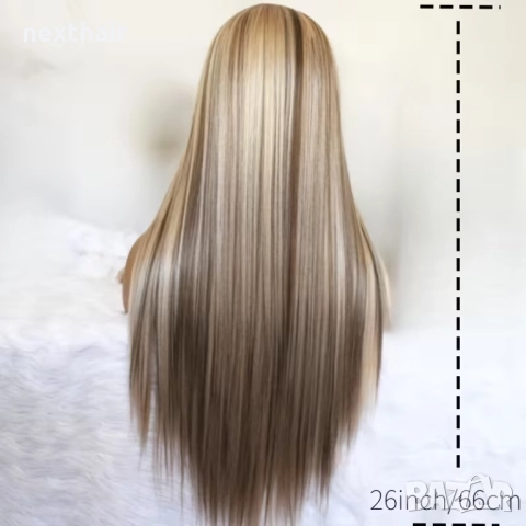 Елегантна 85 см права руса перука с кафяви акценти 13×4 дантела, снимка 4 - Аксесоари за коса - 52945377