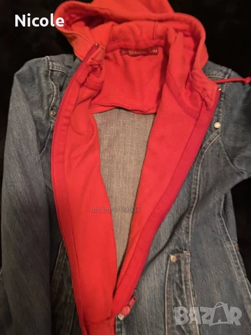 Дънково сако с памучна червена качулка, снимка 6 - Сака - 50863242