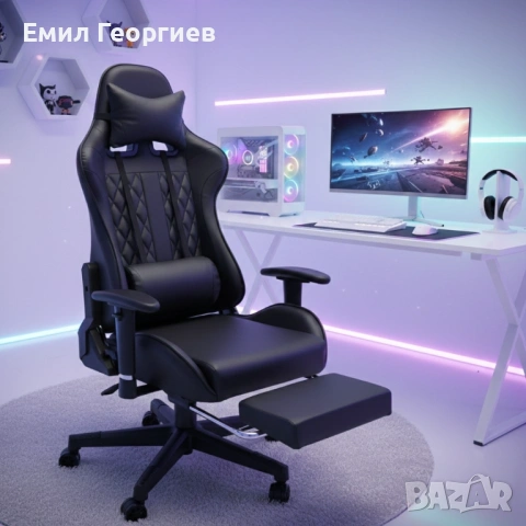 Геймърски стол с прибираща се подложка за крака и функция за масаж - черен, снимка 3 - Столове за офис - 53238212