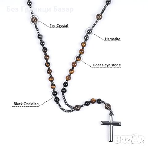 Ново Тройна Защита: Колие с Кръст от Тигрово Око, Хематит, снимка 3 - Колиета, медальони, синджири - 43666693