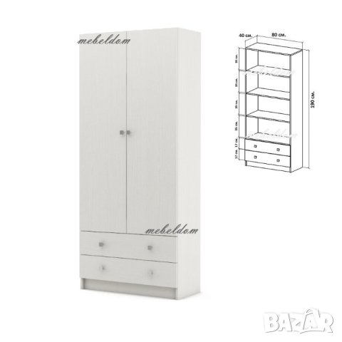 Гардероб двукрилен с 3 рафта и 2 чекмеджета(код-4626), снимка 4 - Гардероби - 40779228