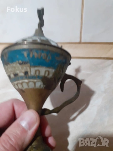 Старо бронзово кандило тамянник с емайл, снимка 4 - Антикварни и старинни предмети - 53390218
