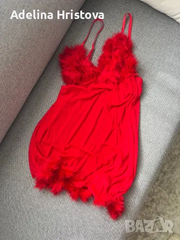 Червена нощница мрежа прозрачна с пера, снимка 2 - Нощници - 49798438