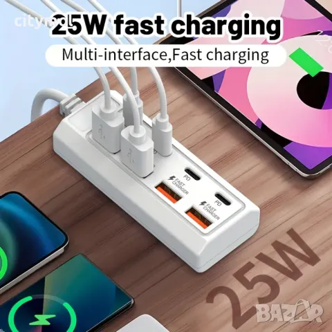 8-портово зарядно устройство за бързо зареждане, 25W, 4 USB + $ Type C порта, 100 см кабел, снимка 2 - Оригинални зарядни - 50277184