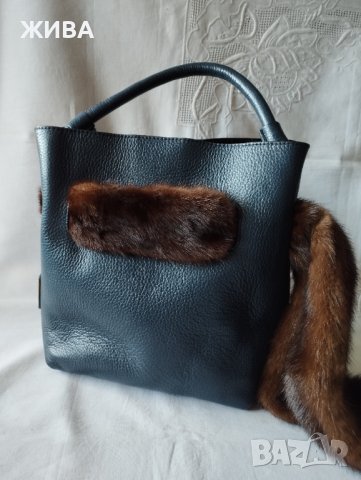 ЕСТЕСТВЕНА КОЖА дамска чанта с норка, снимка 3 - Чанти - 38124426