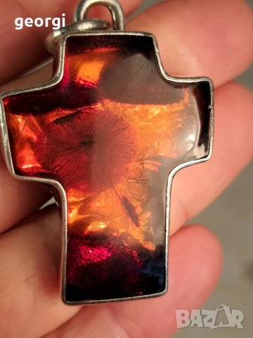 голям сребърен кръст с естествен кехлибар , снимка 3 - Колиета, медальони, синджири - 50215116