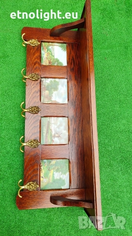 Уникална старинна масивна дъбова закачалка с рафт, двойни  окачвачи  и порцеланови плочки , снимка 7 - Закачалки - 52805960