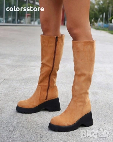 Ботуши на платформа - кафяв велур с черно ходило - BSX10