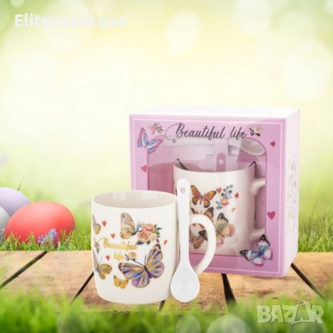 Комплект керамична чаша с лъжичка и чинийка, снимка 6 - Чаши - 52188625