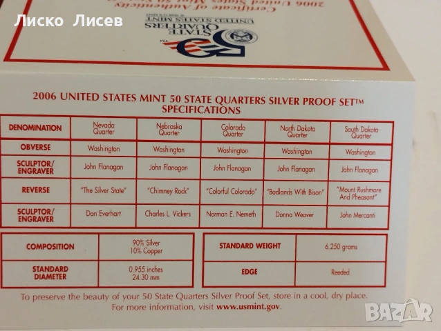 САЩ 2006г. комплект 5 броя сребърни 25 цента мат-гланц, снимка 5 - Нумизматика и бонистика - 53605523