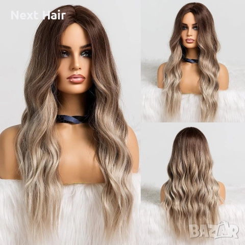 Омбре чуплива перука с пепеляви краища и кафеви корени на път, снимка 4 - Аксесоари за коса - 52897743