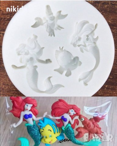 Малката Русалка Ариел рак Флаундър силиконов молд форма за декор украса торта фондан шоколад и др