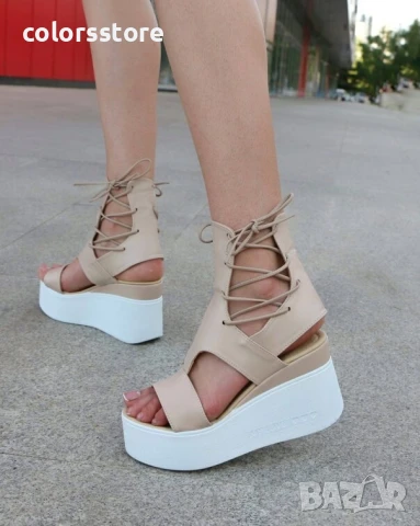 Сандали на платформа - бежова кожа с бяло ходило - 3420

