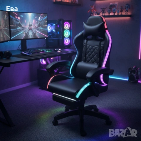 Черен геймърски стол с масаж, LED осветление и поставка за крака - ергономичен, с дистанционно