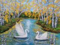 есенен пейзаж с брези и лебеди край реката маслена картина , снимка 1 - Картини - 44101041
