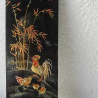 Старa японска картина върху дърво петел кокошка пилета