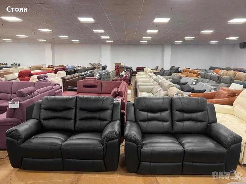 Черни кожени дивани две двойки с релаксиращ механизъм, снимка 1