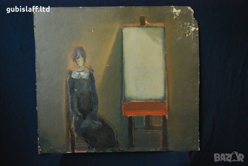 Стара картина, жена, статив, български автор, 1970-те год., снимка 1