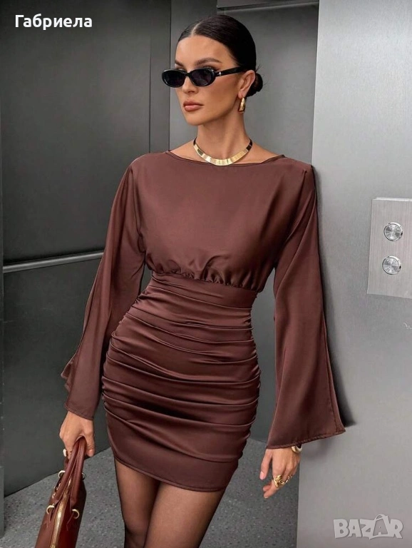 Нова къса кафява рокля с дълъг ръкав, снимка 1