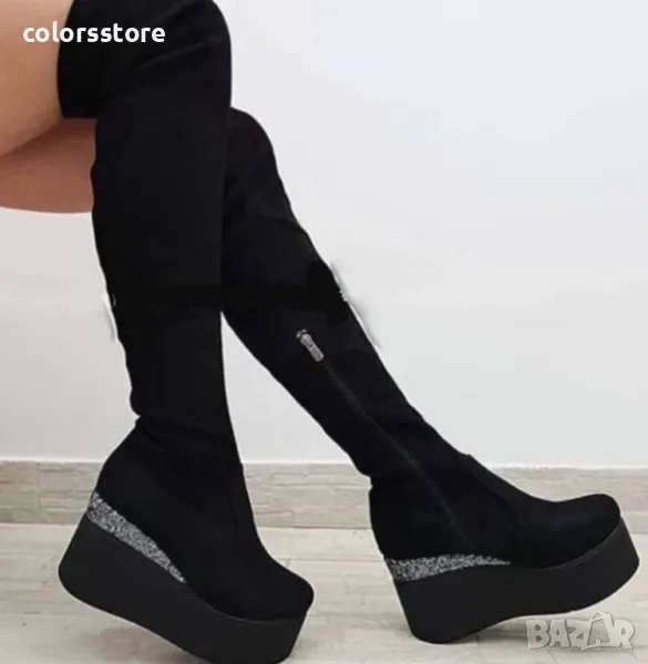 Ботуши на платформа - черен велур и брокат - 122K, снимка 1