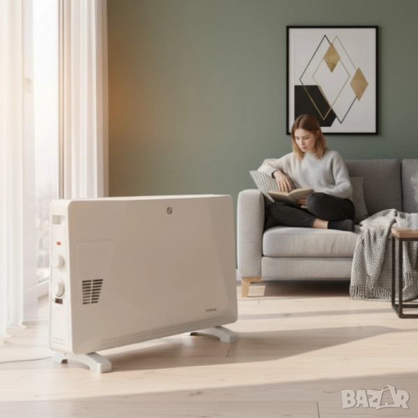 Конвекторен отоплител Rosberg – 2500W, 3 степени, с вентилатор, защита от прегряване (бял или черен), снимка 1