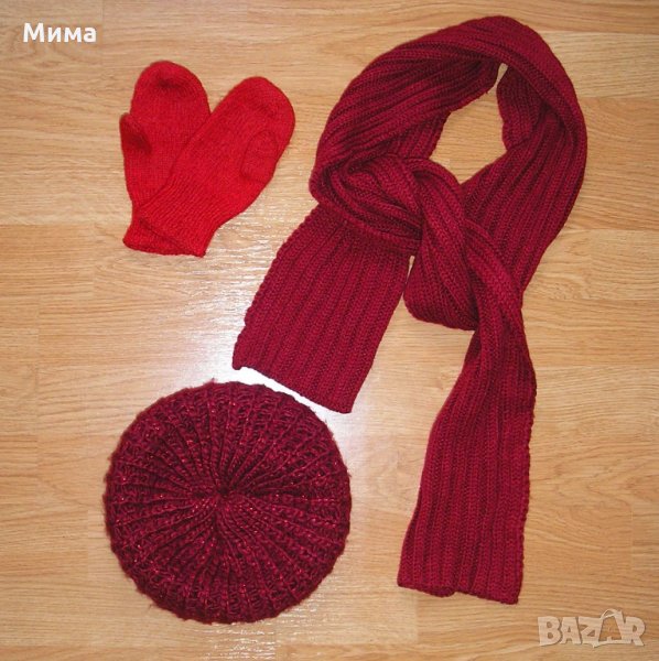Плетени шал и шапка, цвят бордо , снимка 1