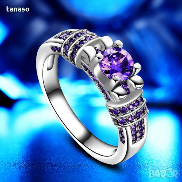 Пръстен с лилави циркони, посребрен, снимка 1